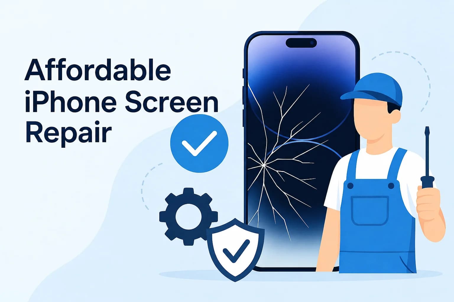 Illustration of an iPhone with a cracked screen beside a repair technician holding a screwdriver