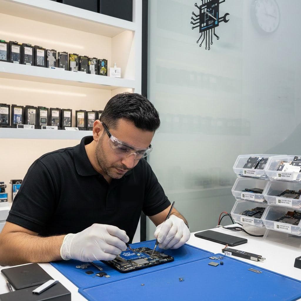 A technician in safety glasses repairing a device circuit board with tweezers
