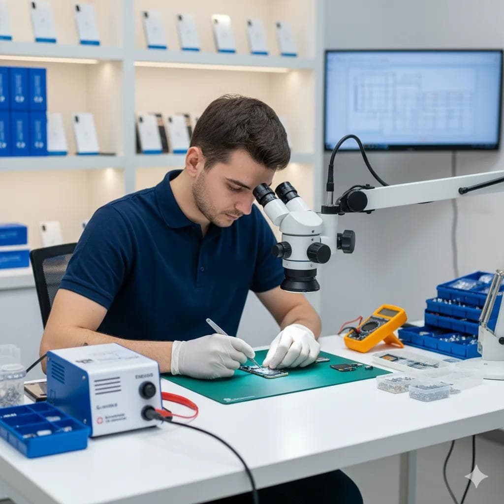 A technician repairing a phone under a microscope at a repair bench